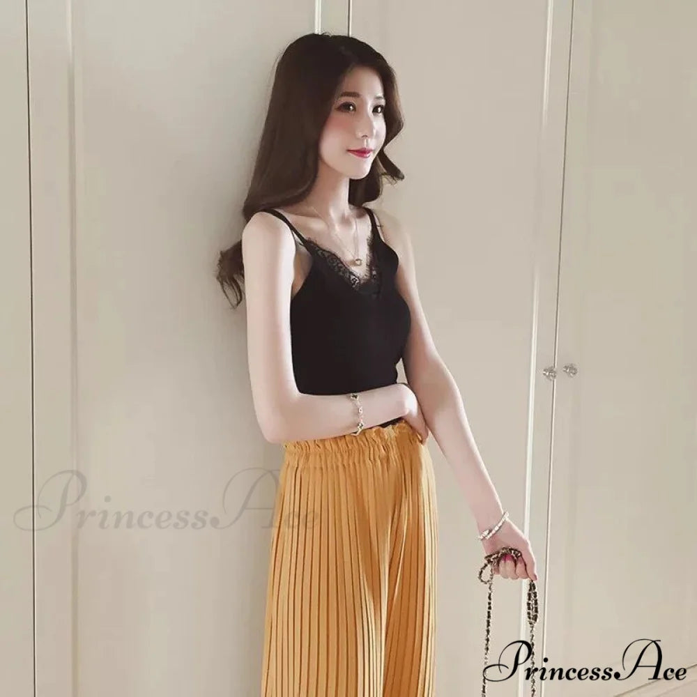 Lace V-neck Solid Knitted Camisoles black / One Size