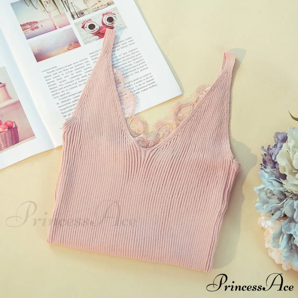 Lace V-neck Solid Knitted Camisoles pink / One Size