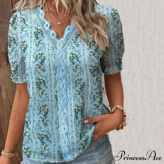 Lace with Flowered Blouse Detail Blue / S