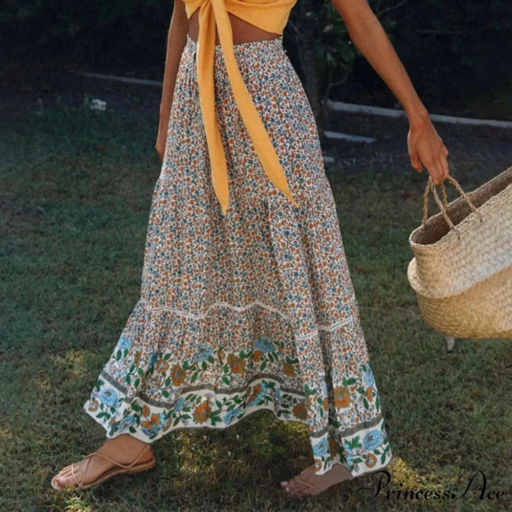 Lacy Bohemian Tall Waist Slender Floral Skirt Beige / S skirt-250126