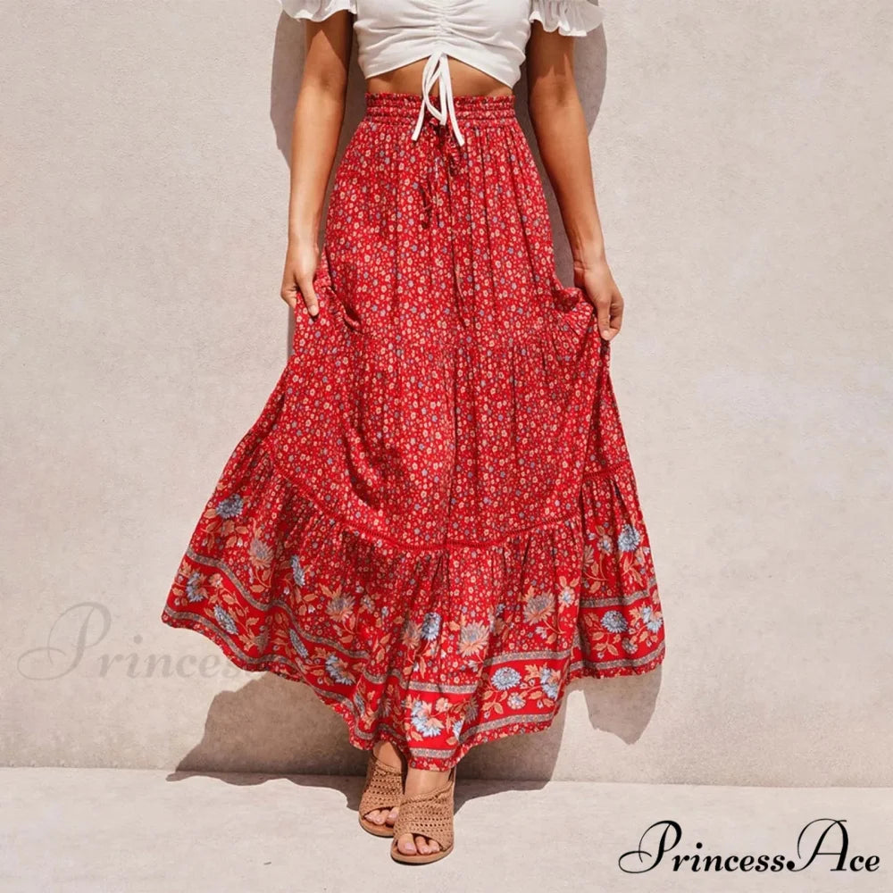 Lacy Bohemian Tall Waist Slender Floral Skirt Red / S skirt-250126
