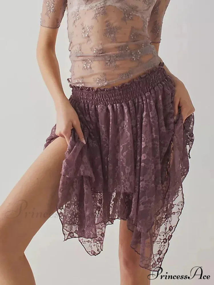 Lacy Floral Asymmetrical Hem Skirt Fuchsia / S skirts-250223