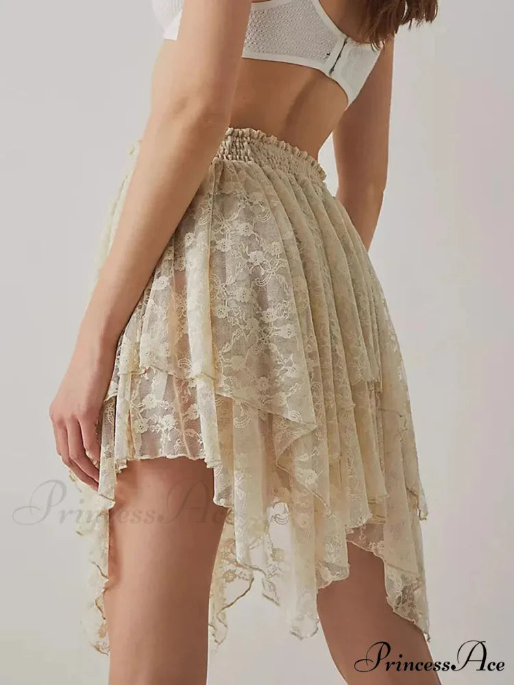 Lacy Floral Asymmetrical Hem Skirt skirts-250223