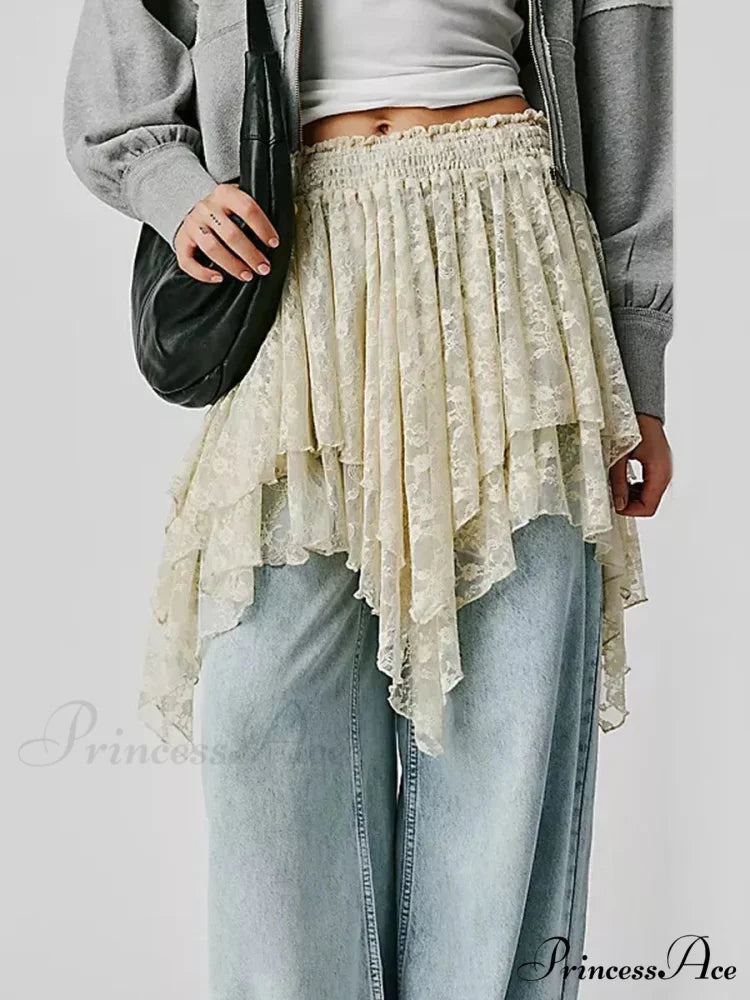 Lacy Floral Asymmetrical Hem Skirt skirts-250223