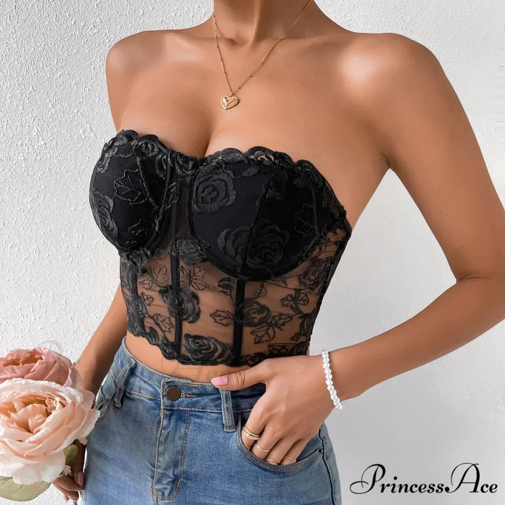 Lacy Floral Open-Back Short Y2K Seductive Crop Top Black / S croptop-250126