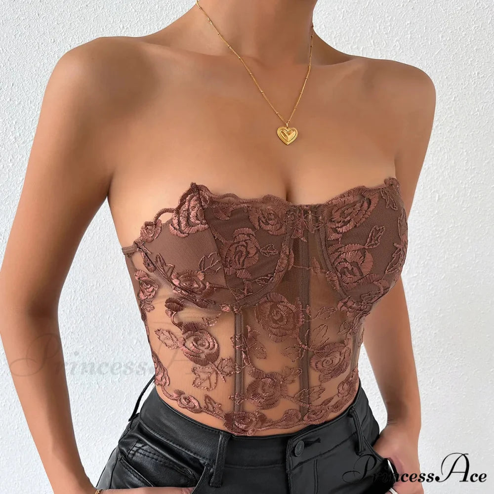 Lacy Floral Open-Back Short Y2K Seductive Crop Top Brown / S croptop-250126