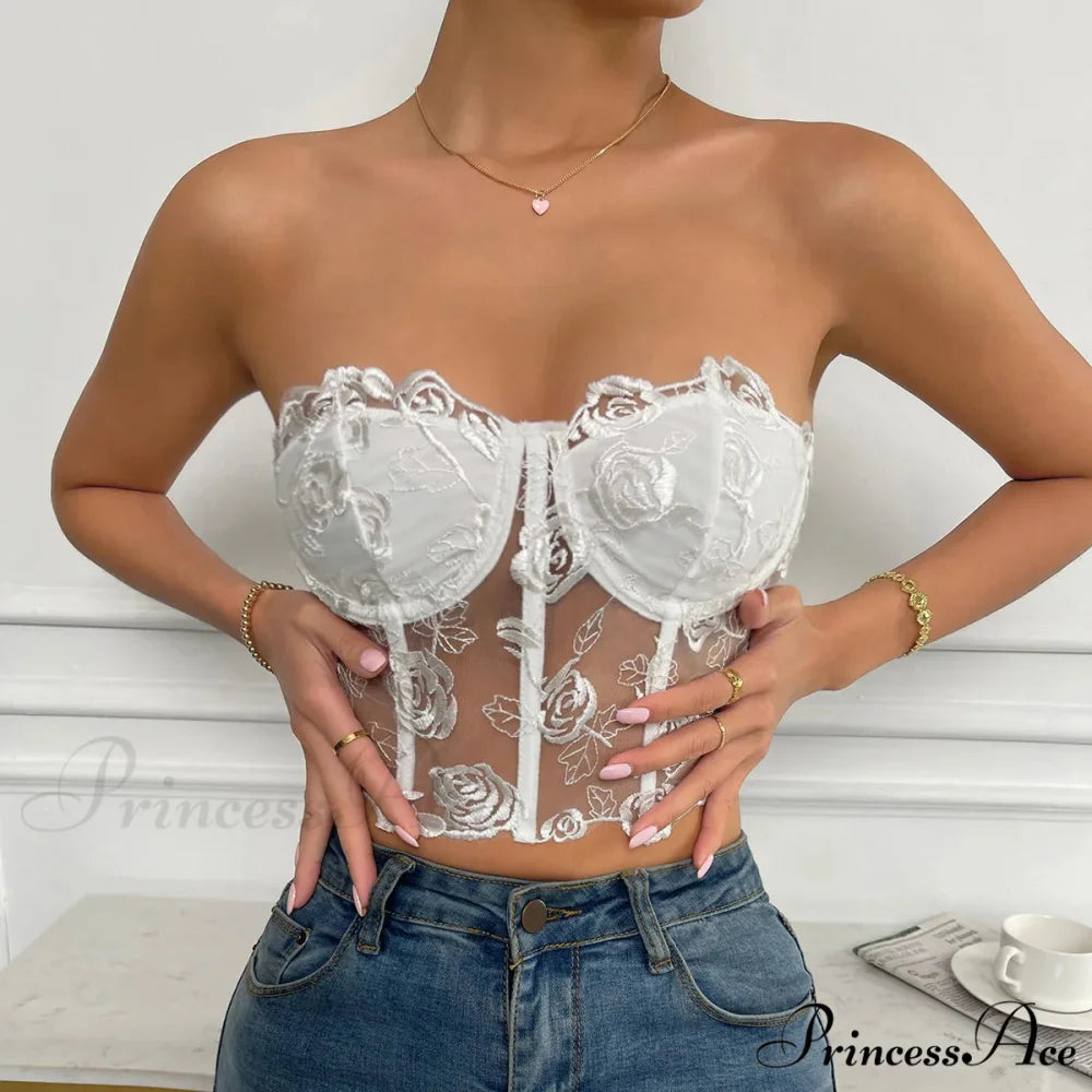 Lacy Floral Open-Back Short Y2K Seductive Crop Top White / S croptop-250126