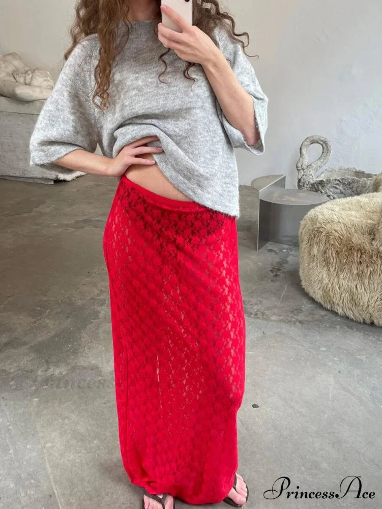 Lacy Flower Low Cut Maxi Skirt Red / S skirts-250223