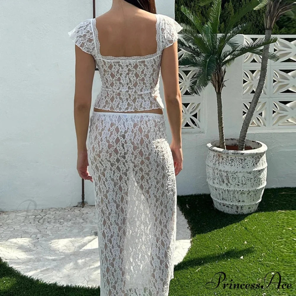 Lacy Flower Sheer Short Sleeve Crop Top Long Skirt Two Pieces Set twopiecesset-250126