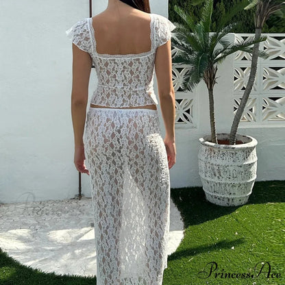 Lacy Flower Sheer Short Sleeve Crop Top Long Skirt Two Pieces Set twopiecesset-250126