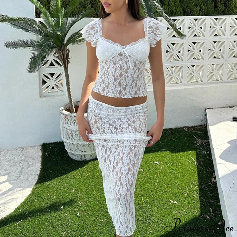 Lacy Flower Sheer Short Sleeve Crop Top Long Skirt Two Pieces Set twopiecesset-250126