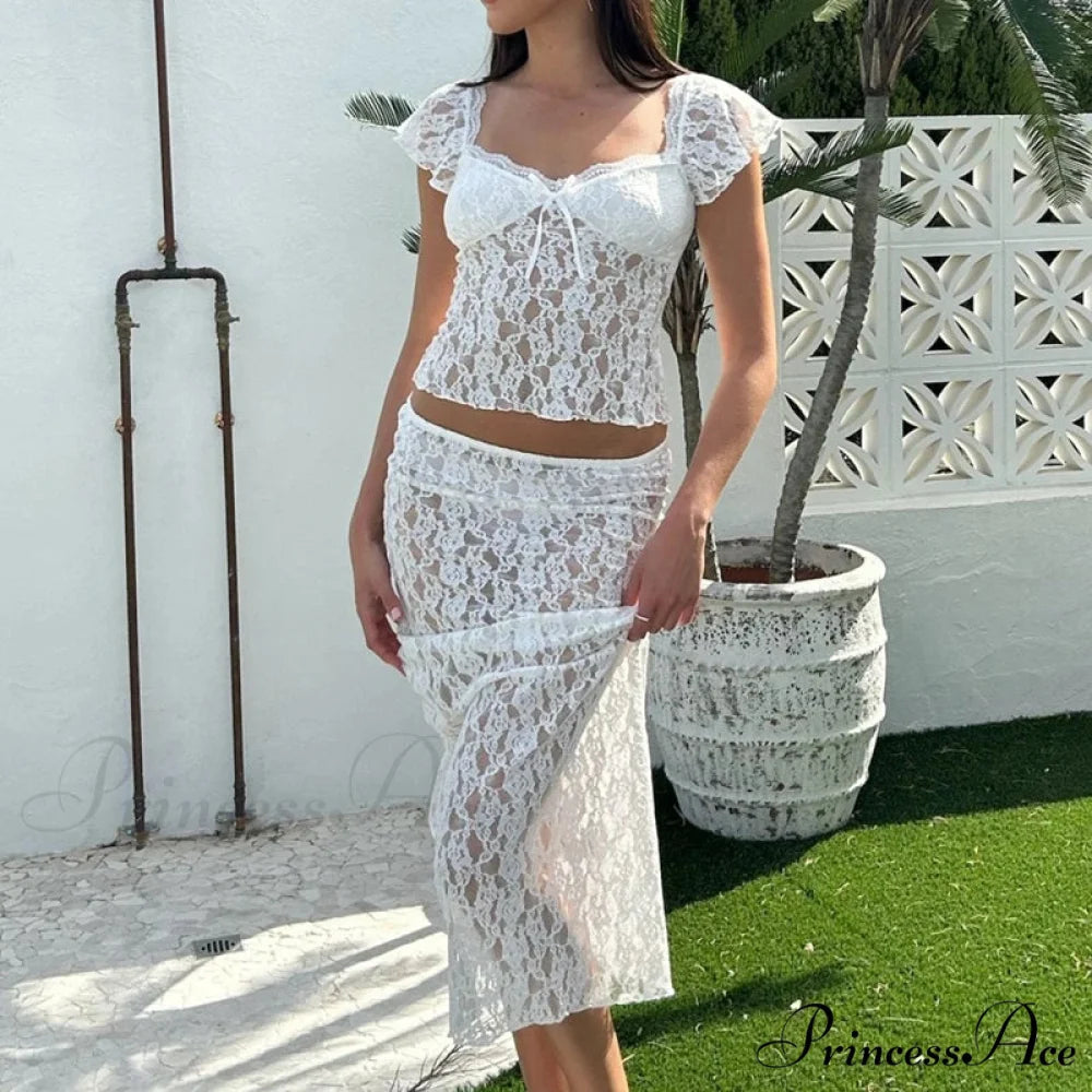 Lacy Flower Sheer Short Sleeve Crop Top Long Skirt Two Pieces Set WHITE / S twopiecesset-250126