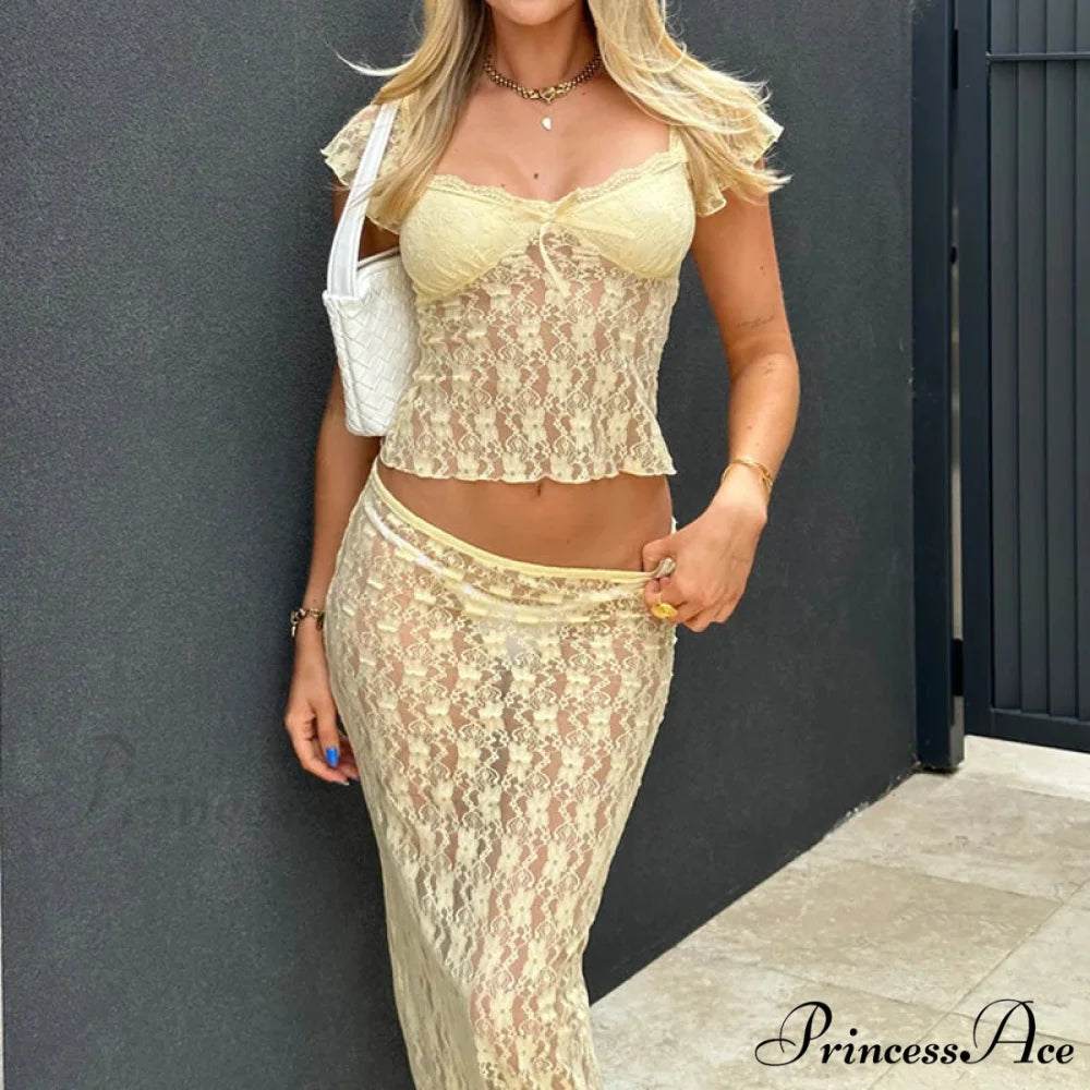 Lacy Flower Sheer Short Sleeve Crop Top Long Skirt Two Pieces Set Yellow / S twopiecesset-250126