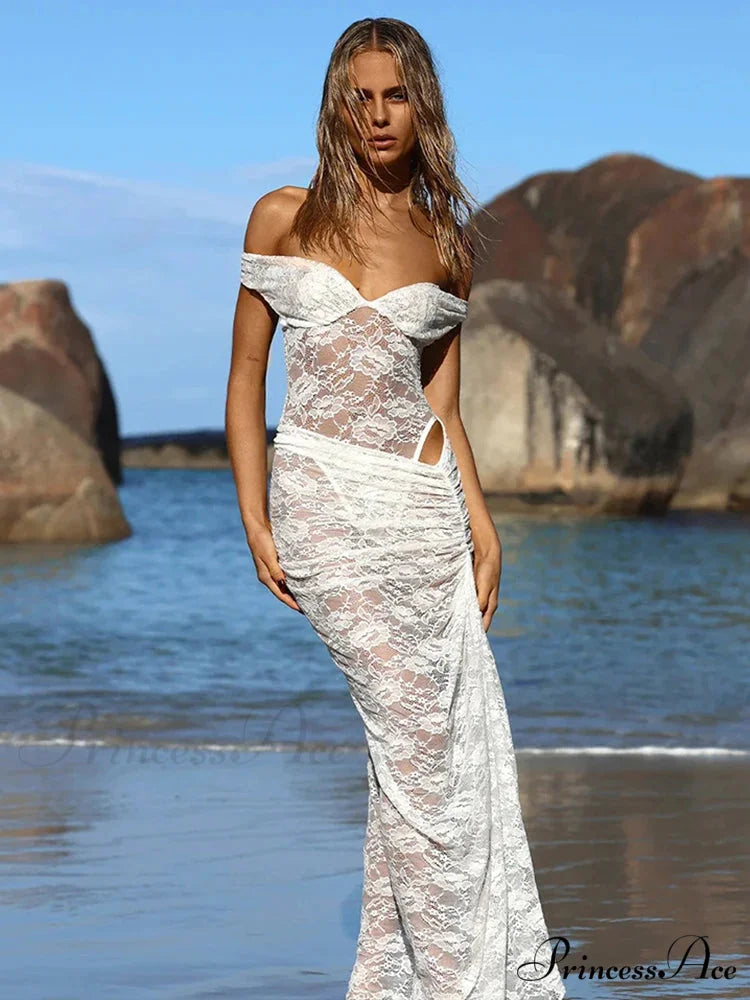 Lacy Flower Skirt Suit Holiday Dress WHITE / S vacationdress-250223