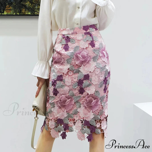 Lacy Flower Slim Skirt for Women Pink / S skirt-250126
