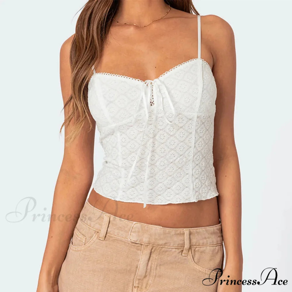 Lacy Flower Spaghetti Crop Top WHITE / S croptop-250223
