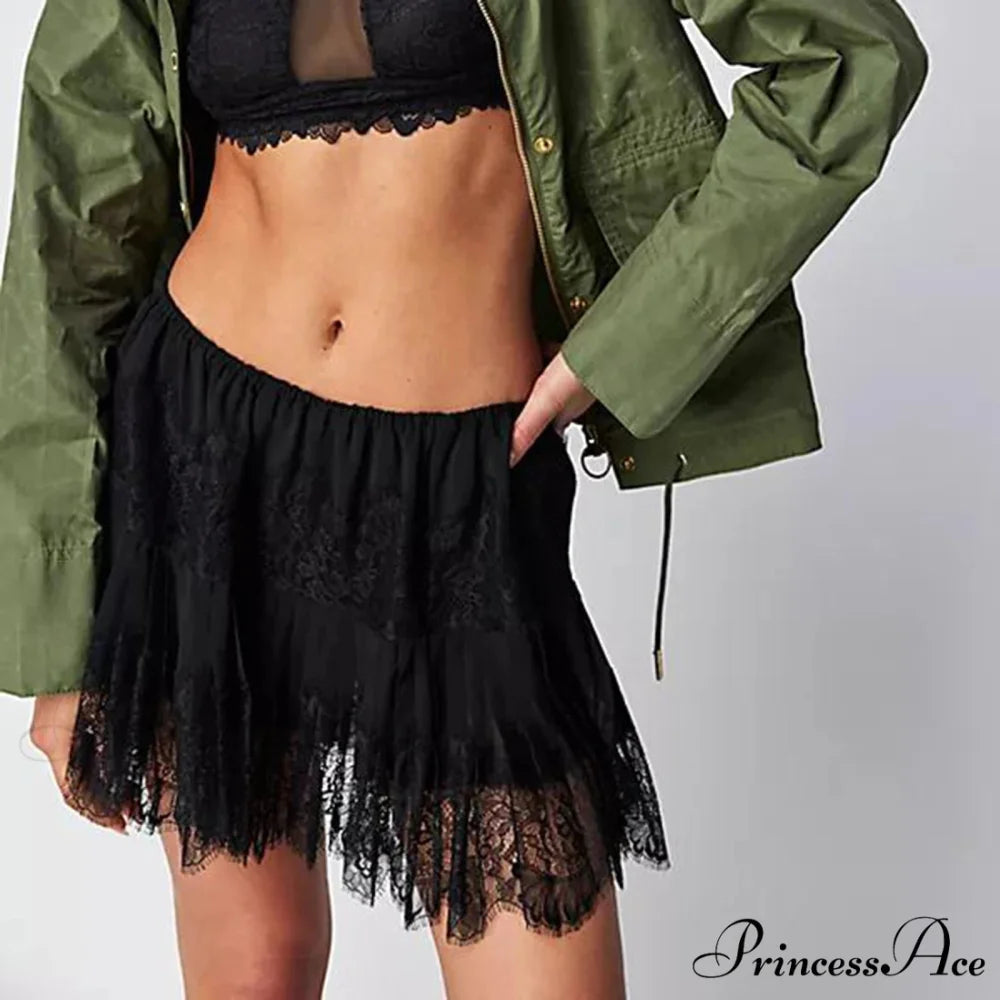 Lacy Flower Tiered Slip Skirt Black / S skirts-250223