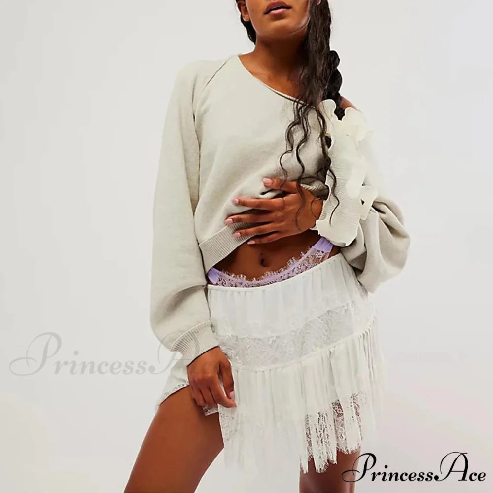 Lacy Flower Tiered Slip Skirt WHITE / S skirts-250223