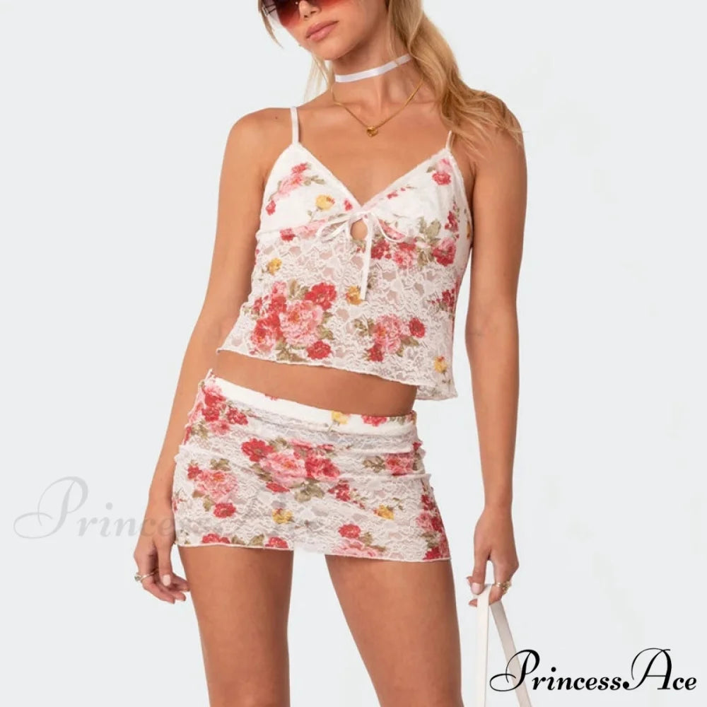 Lacy Flower V Neck Spaghetti Strap Crop Top Mini Pencil Skirt Two Pieces Set Pink / S twopiecesset-250126
