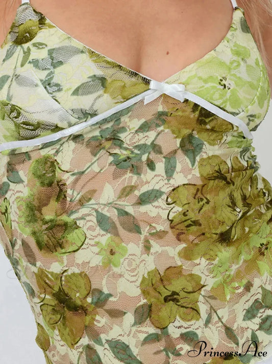 Lacy Flowery Transparent Spaghetti Strap V-neck Harajuku Crop Top Green / S croptop-250126