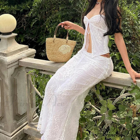 Lacy Front Fasten Crop Top Lengthy Skirt Two Pieces Set WHITE / S twopiecesset-250126