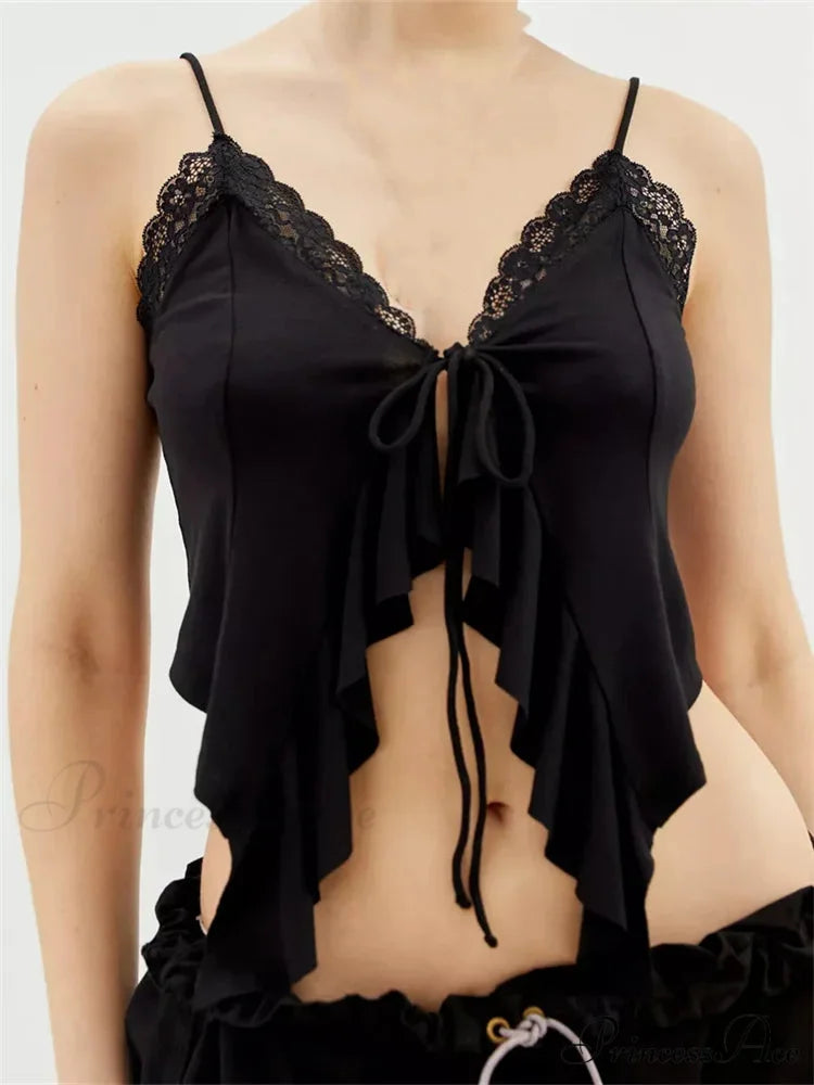 Lacy Lace Trim Frilly Split Strap Crop Top BLACK / S croptop-250126