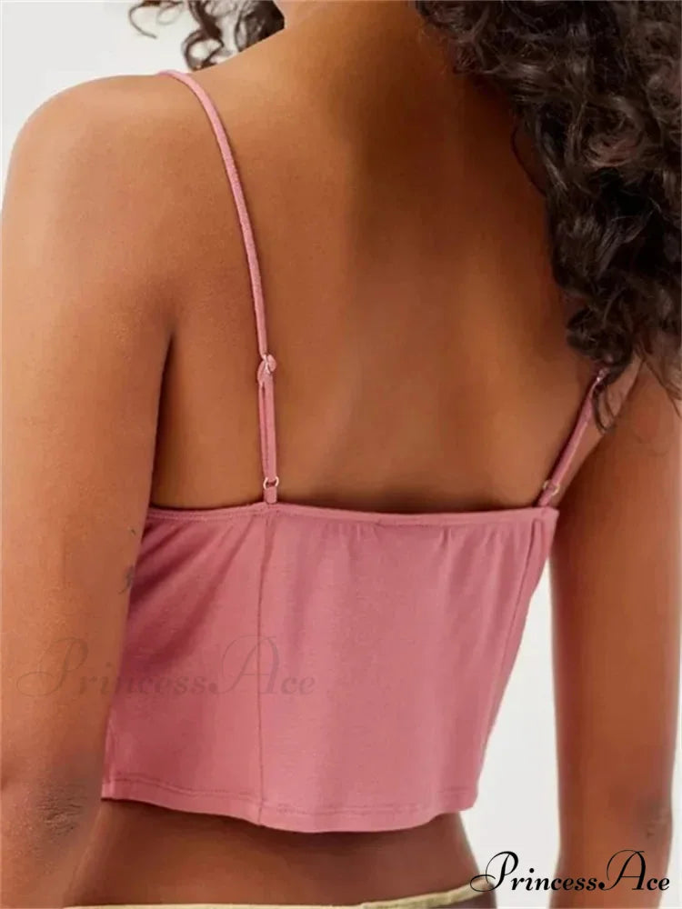 Lacy Lace Trim Frilly Split Strap Crop Top croptop-250126