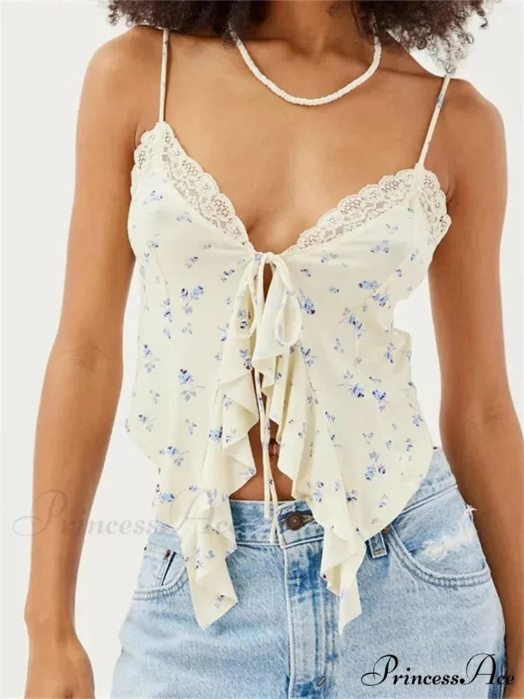 Lacy Lace Trim Frilly Split Strap Crop Top croptop-250126