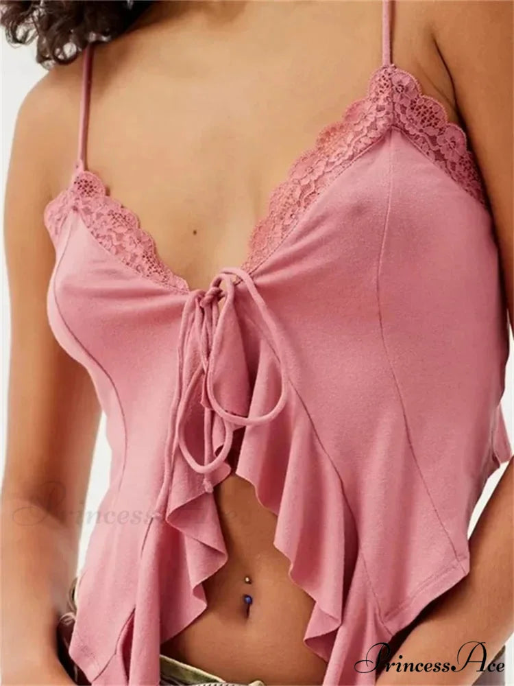 Lacy Lace Trim Frilly Split Strap Crop Top PINK / S croptop-250126