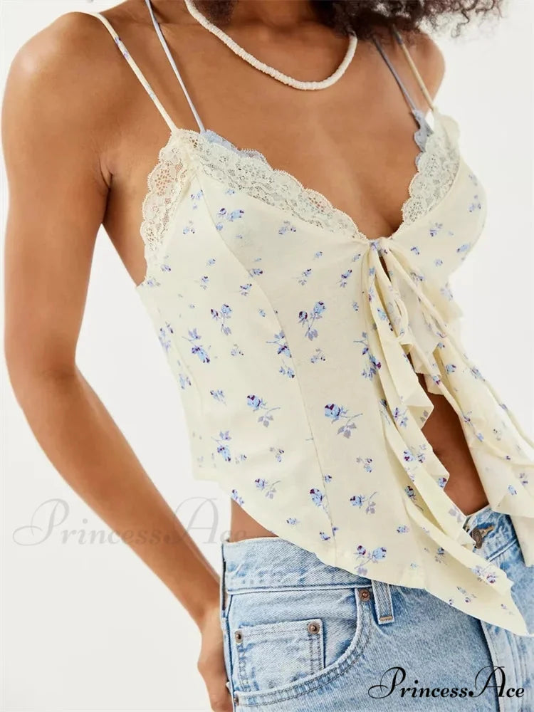 Lacy Lace Trim Frilly Split Strap Crop Top WHITE / S croptop-250126