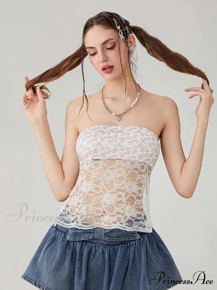 Lacy Mesh Transparent Strapless Backless Tie-up Tube Top croptop-250126