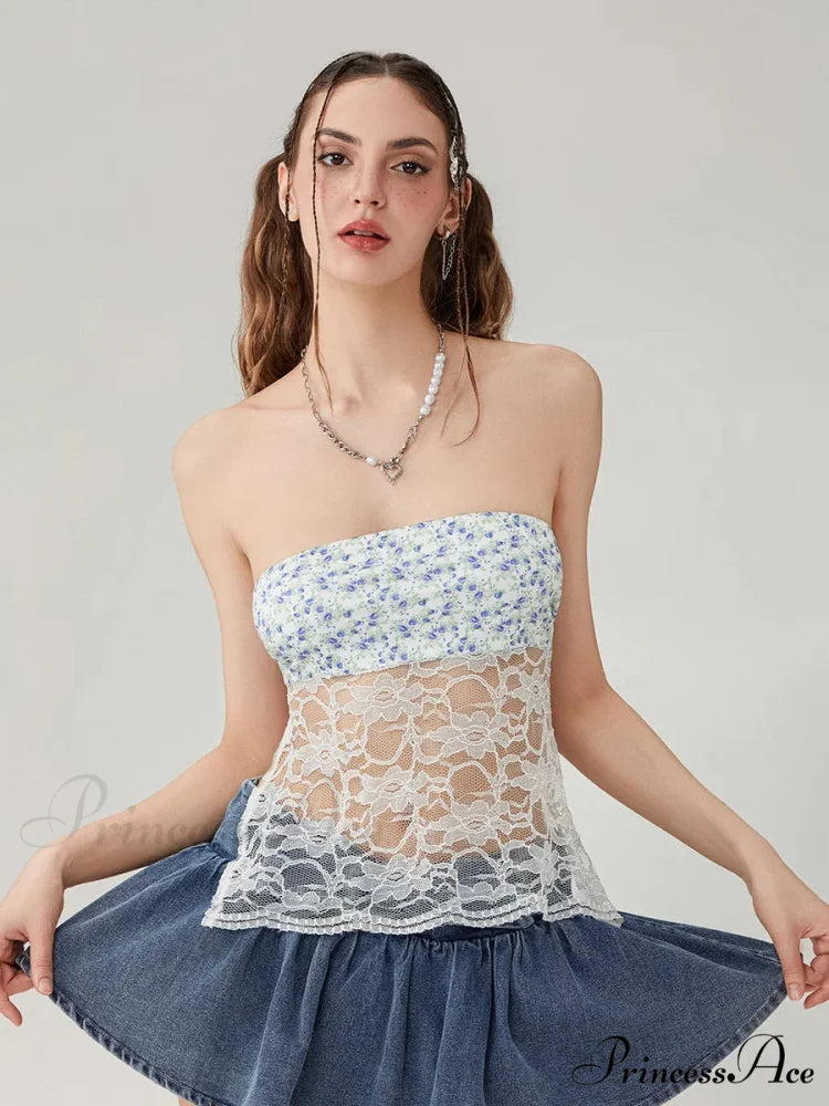Lacy Mesh Transparent Strapless Backless Tie-up Tube Top croptop-250126