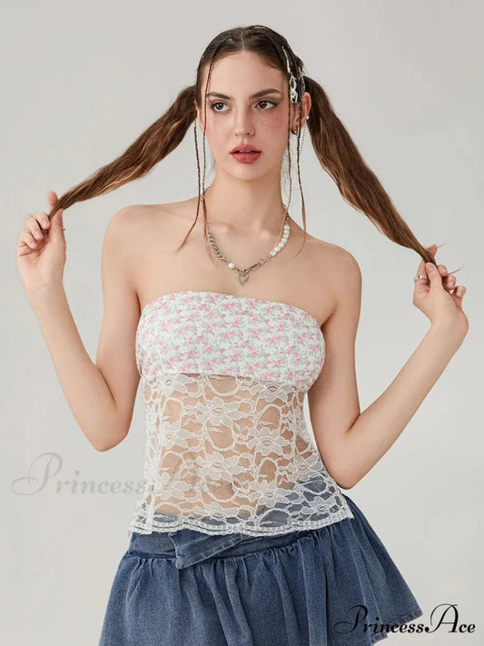 Lacy Mesh Transparent Strapless Backless Tie-up Tube Top Pink / S croptop-250126