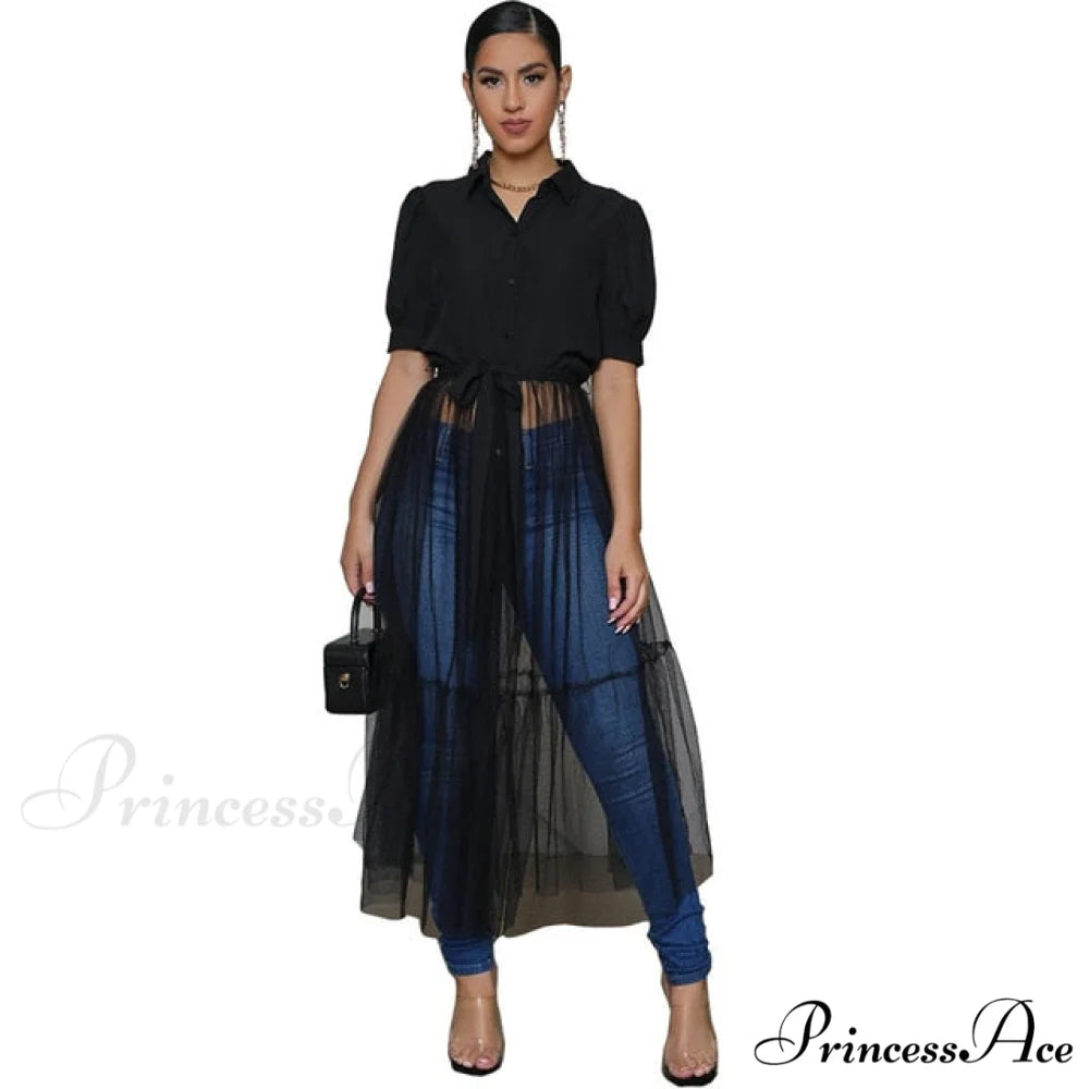 Ladies Long Solid Color Casual Dress Short Sleeve Black / L