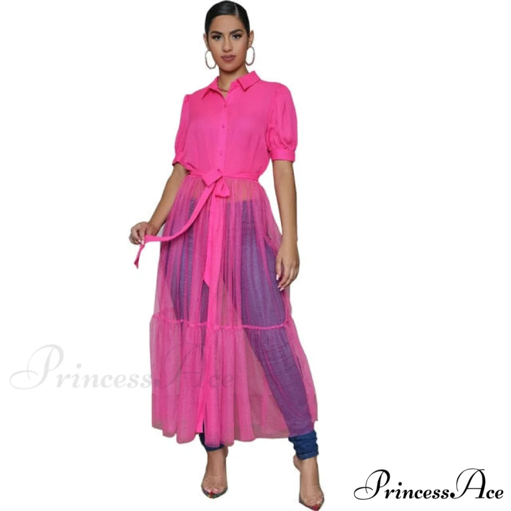 Ladies Long Solid Color Casual Dress Short Sleeve Red / L