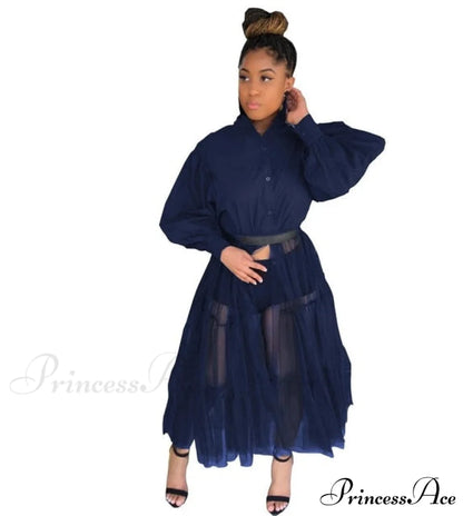 Ladies Long Solid Color Casual Dress Long Sleeve Navy / L