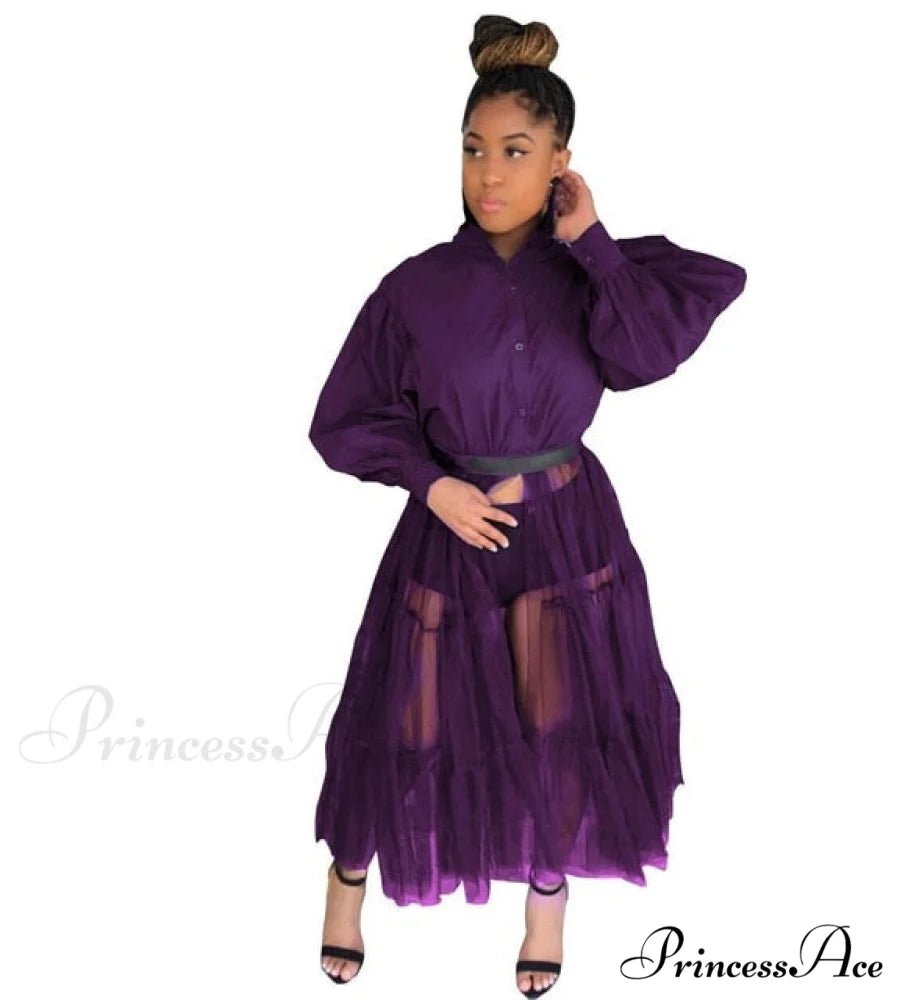 Ladies Long Solid Color Casual Dress Long Sleeve Purple / L