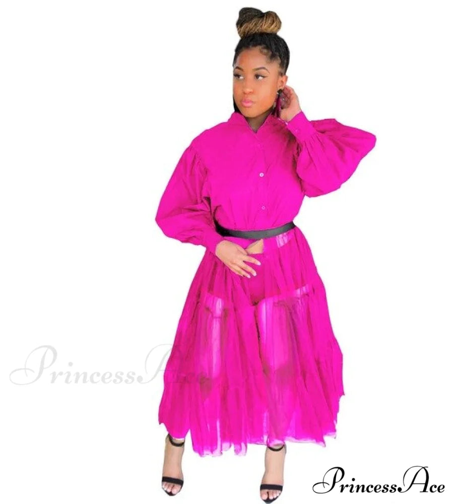 Ladies Long Solid Color Casual Dress Long Sleeve Red / L