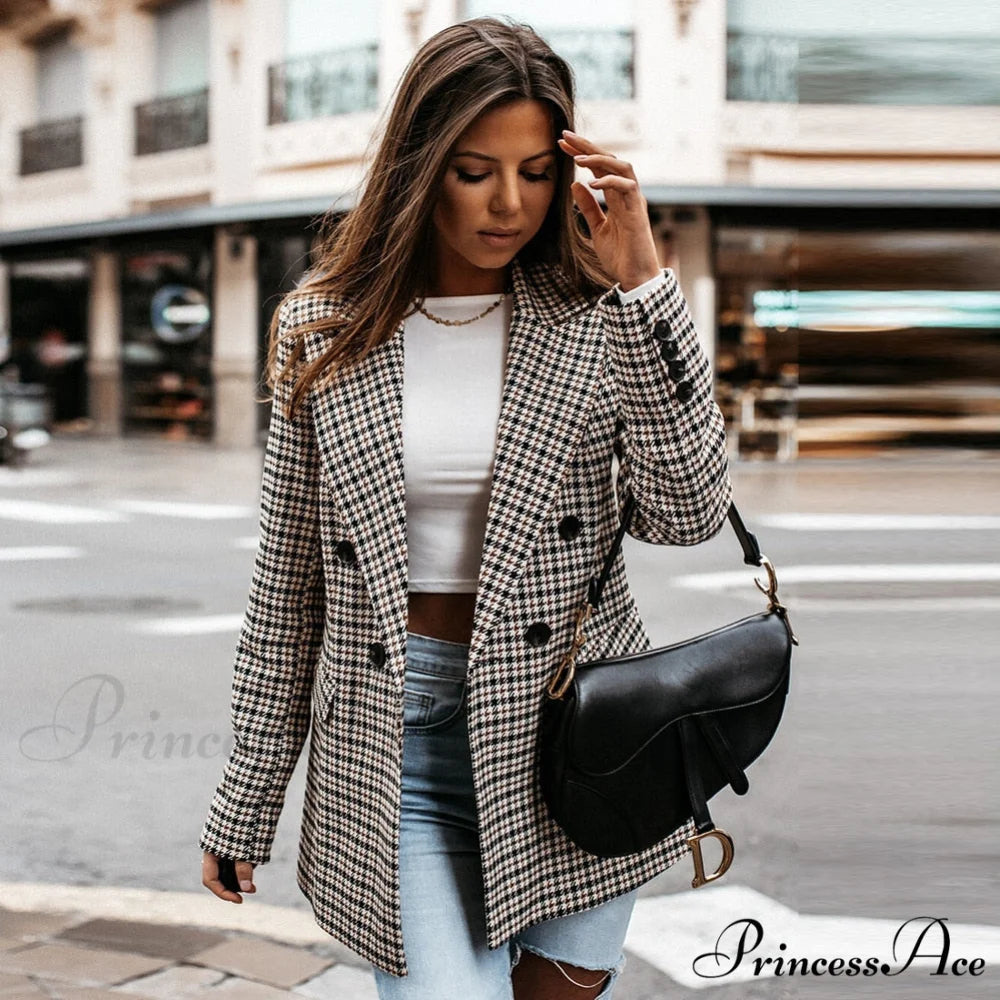 Ladies Notched Collar Plaid Blazer
