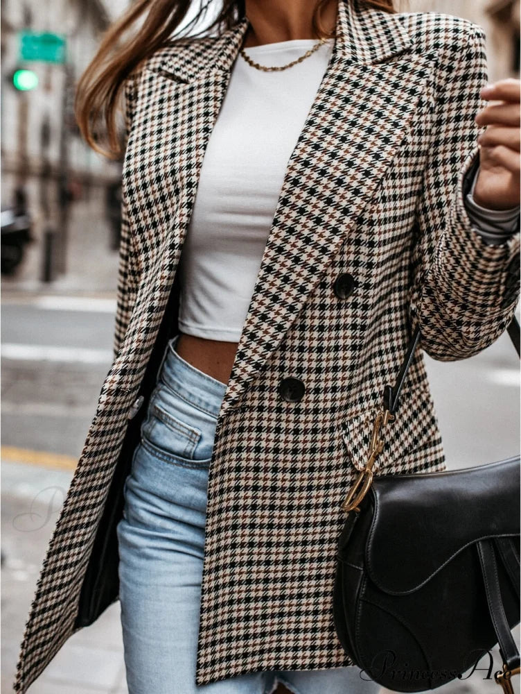 Ladies Notched Collar Plaid Blazer