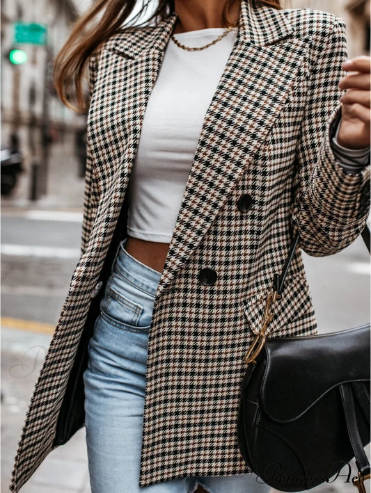 Ladies Notched Collar Plaid Blazer