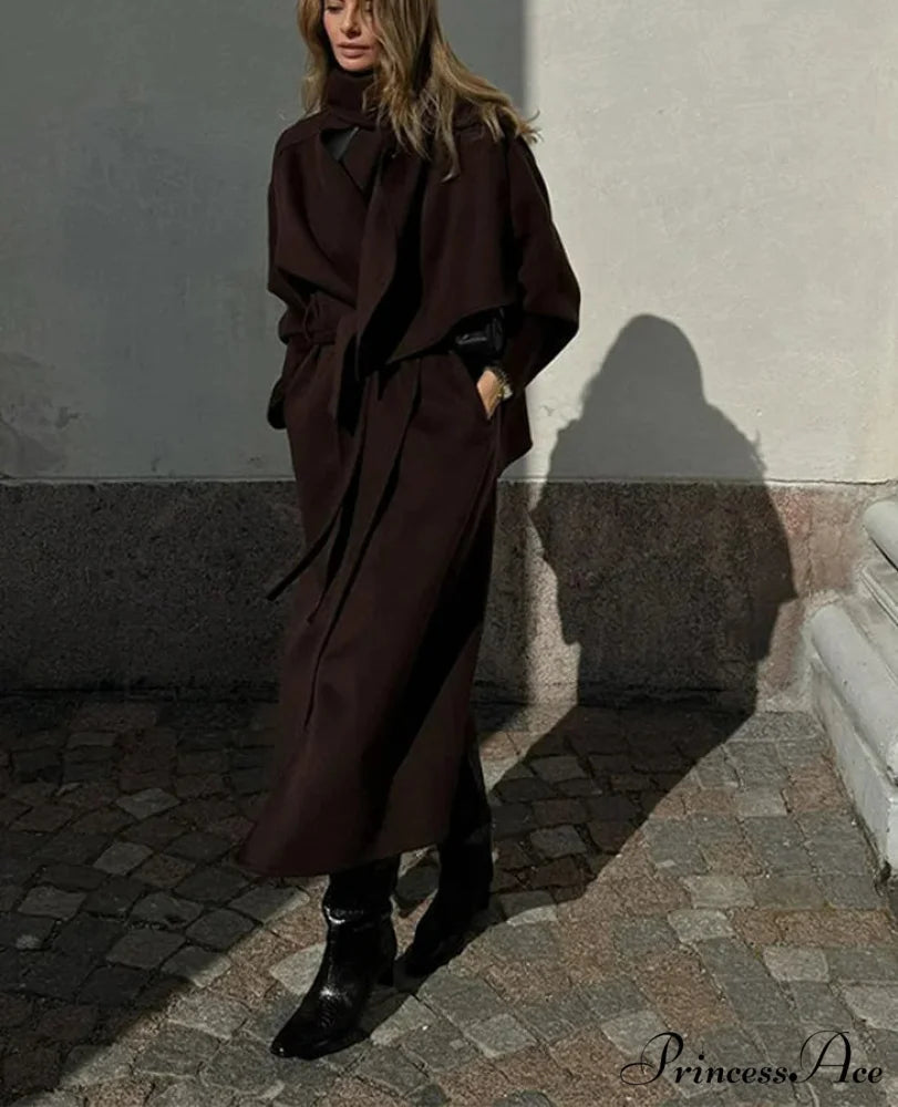 Ladies’ Shawl Collar Woolen Cinched Overcoat overcoats-241228