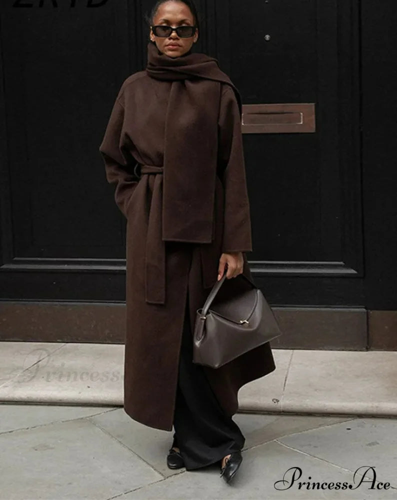 Ladies’ Shawl Collar Woolen Cinched Overcoat overcoats-241228