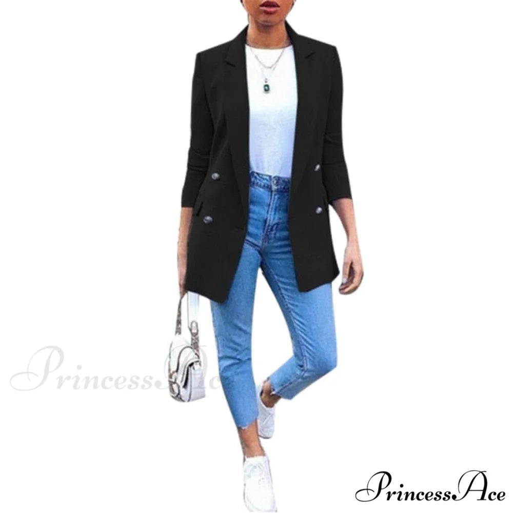 Ladies Solid Turn Collar Blazer Black / XXL