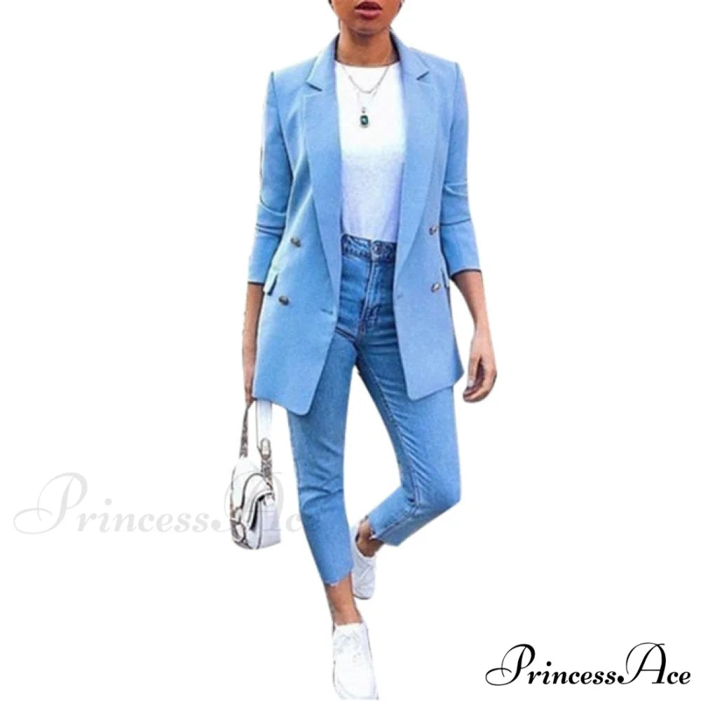 Ladies Solid Turn Collar Blazer Blue / XXL