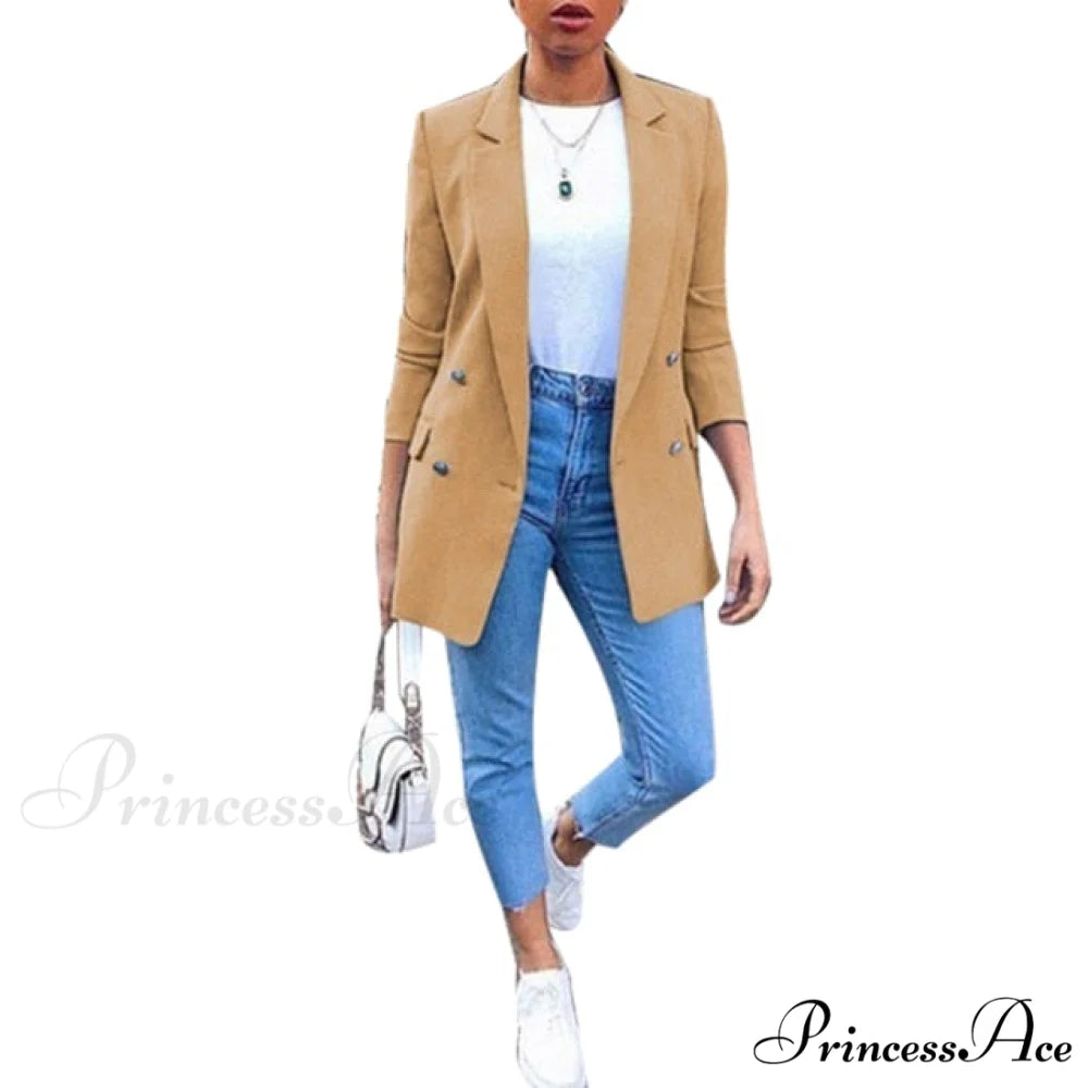 Ladies Solid Turn Collar Blazer Khaki / XXL