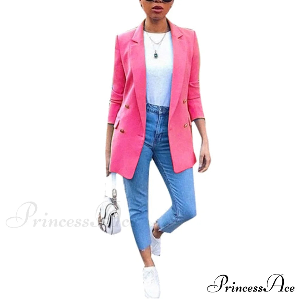 Ladies Solid Turn Collar Blazer Rose Red / XXL