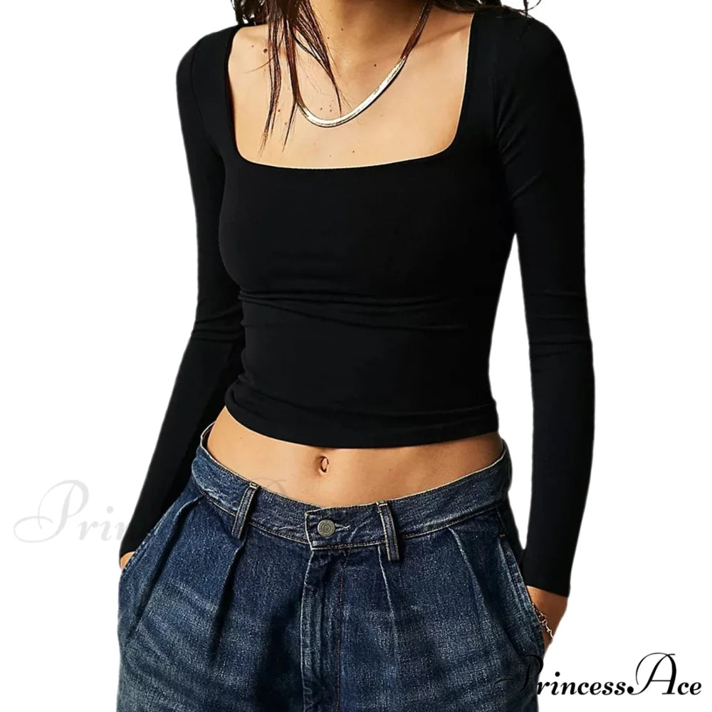 Ladies Summer Shirt Women Basic Crop Top Black / S