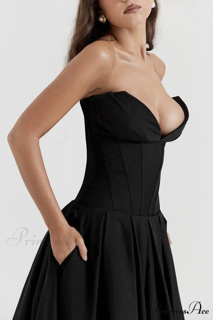 Lady Black Stylish Strapless Midi Dress