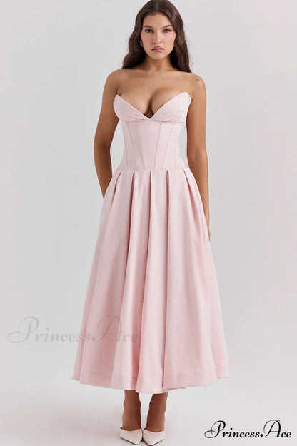Lady Black Stylish Strapless Midi Dress XS / Peach Pink